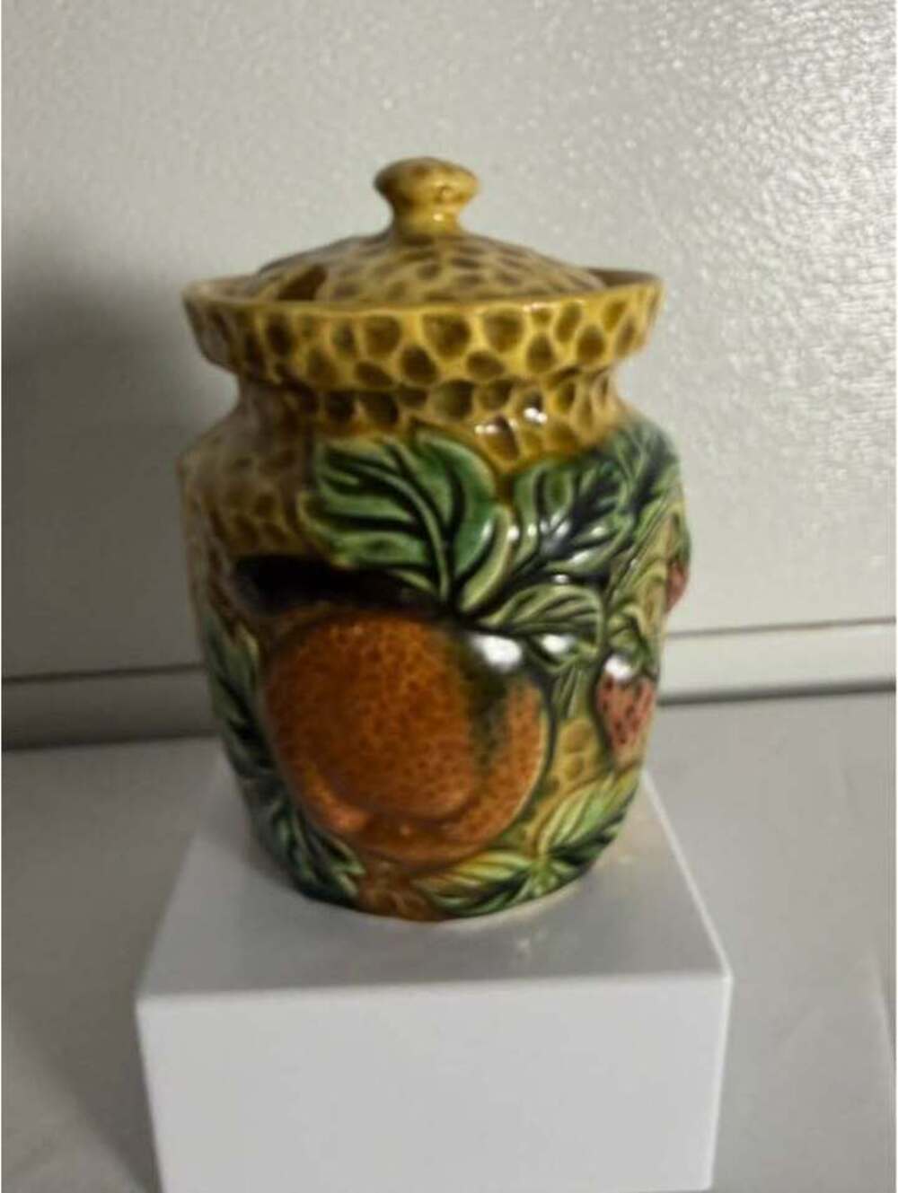 Vintage Ceramic Honeycomb Fruit Jar with Lid
